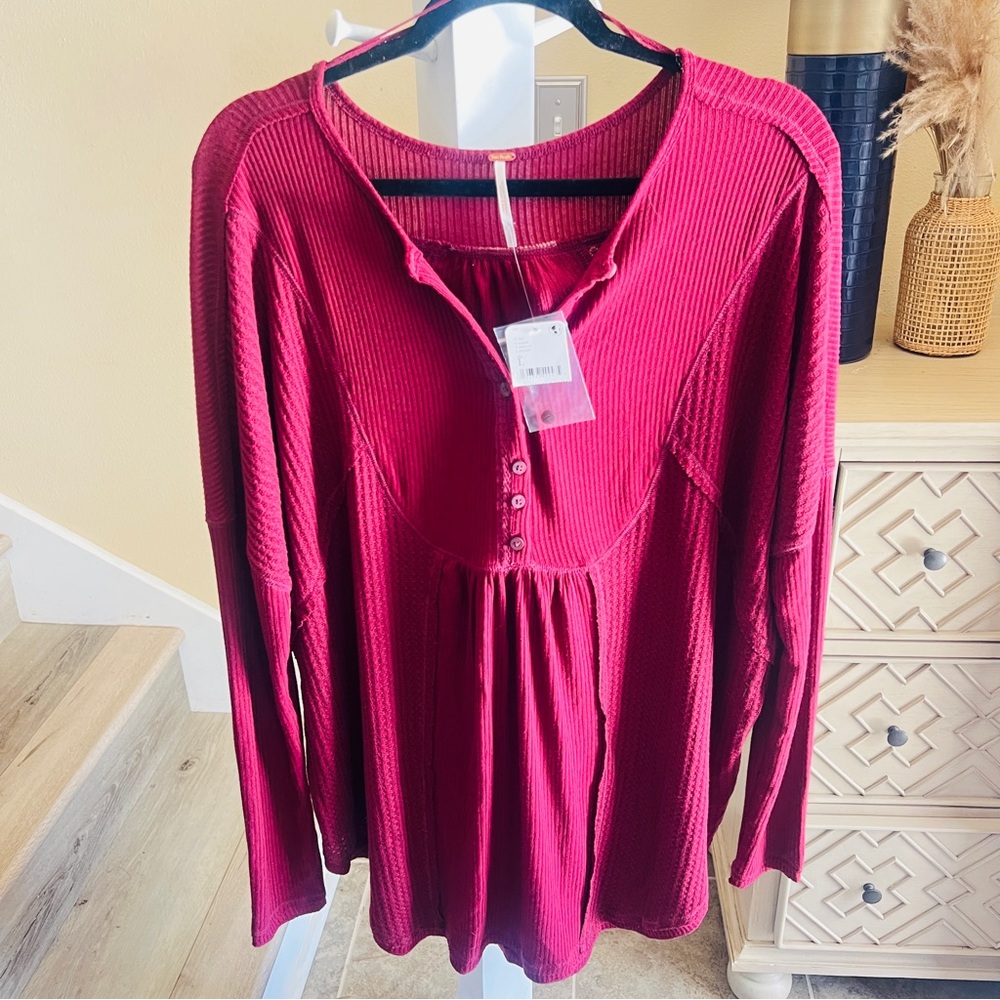 Free People Ribbed Henley Peplum Top in Deep Berry